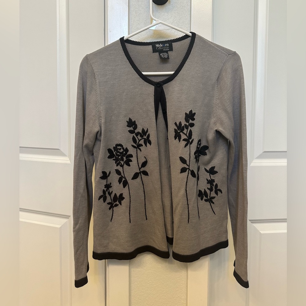 Style & Co. Gray Cardigan with Black Floral Design